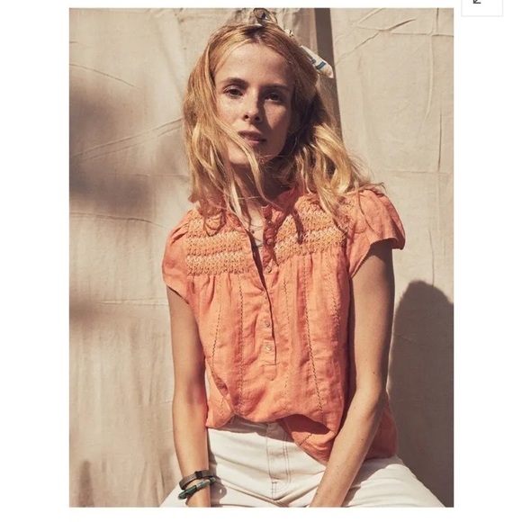 Faherty Tops - NWT Faherty Kaia Embroidered Linen Top Rhythm Orange size Large Boho Peasant